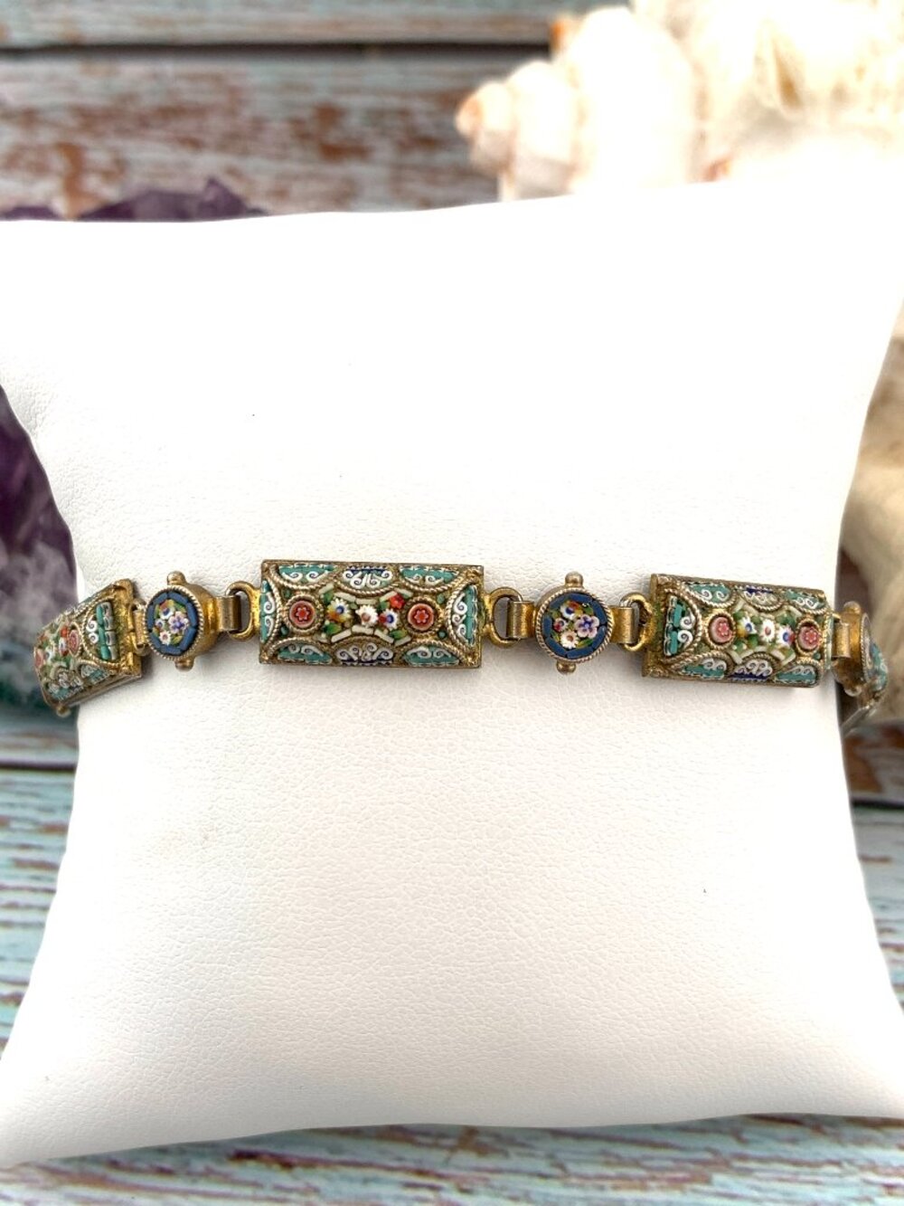 Micro Mosaic Floral 900 Gilt Silver Vintage Italian Bracelet J1428